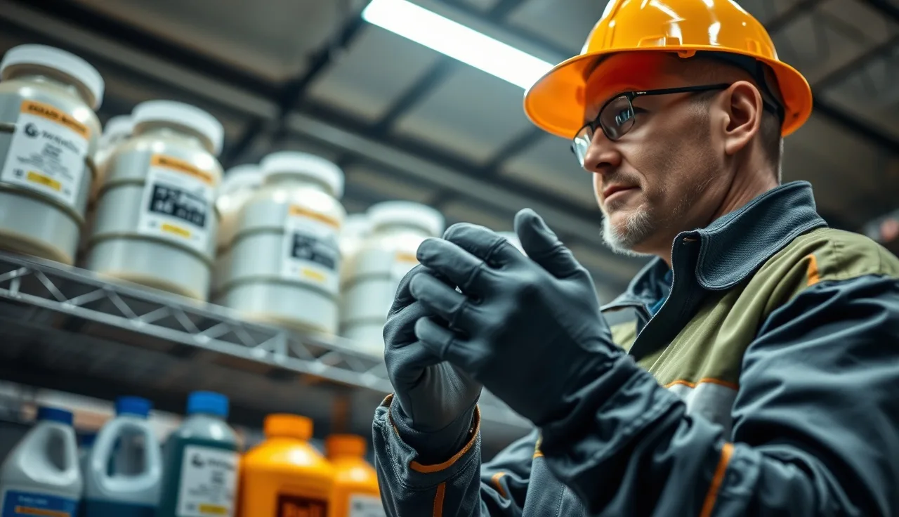 Warehouse worker examining chemical containers on industrial shelving during hazard communication training
