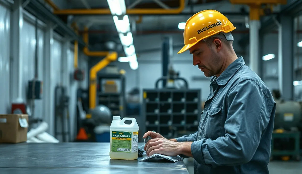 Worker at factory workbench examining chemical container under bright overhead light