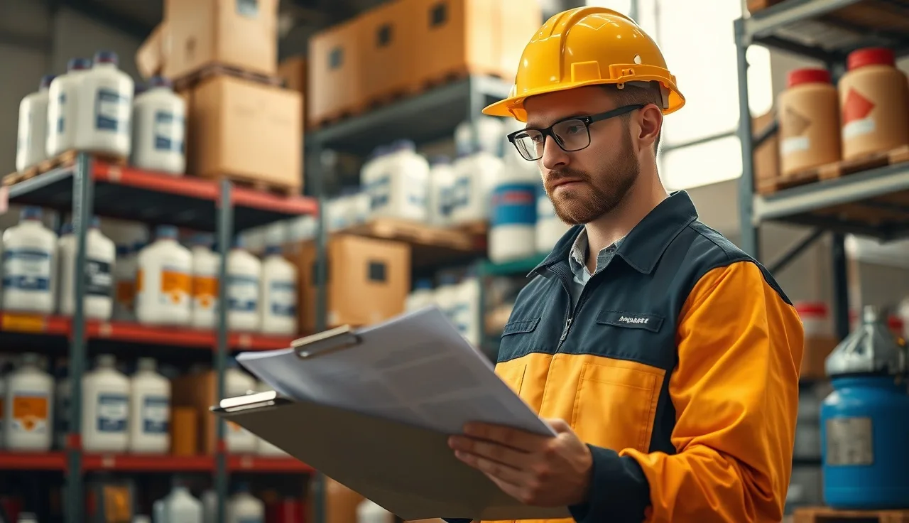 Warehouse worker reviewing hazard communication training document near chemical storage shelves