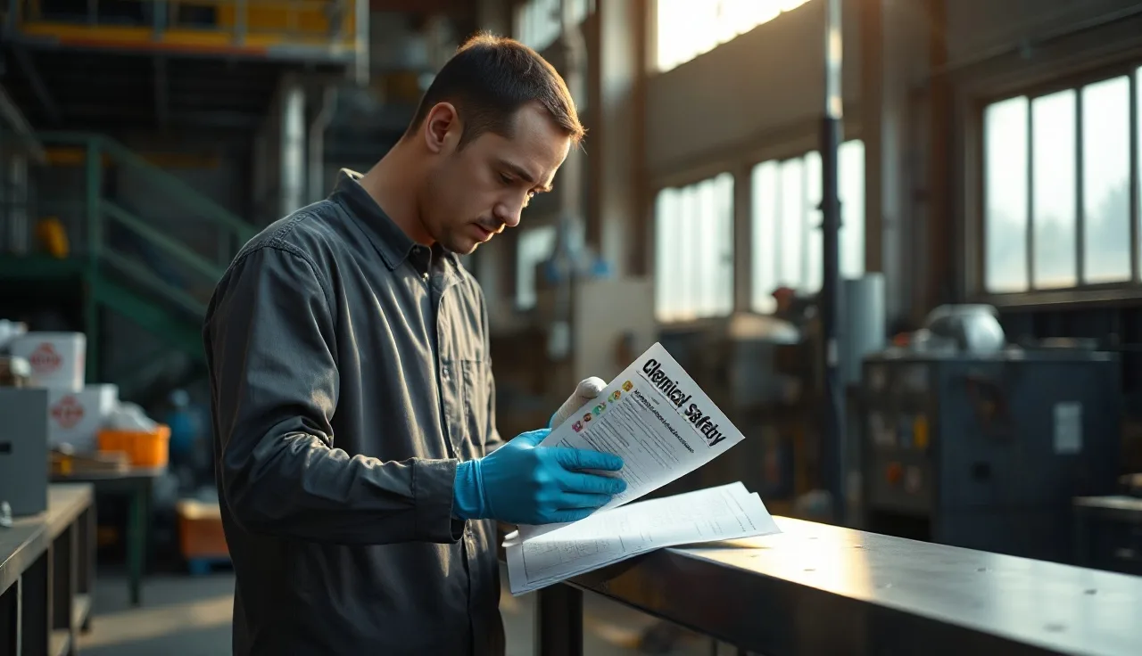 Worker in manufacturing facility reviewing chemical safety data sheet at workbench