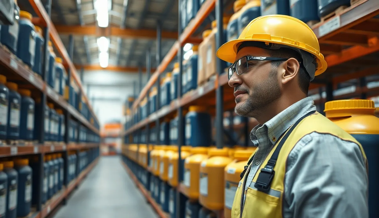 Worker inspecting chemical storage containers in an industrial warehouse