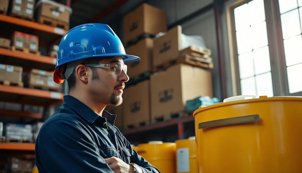 Warehouse worker examining a chemical drum under industrial safety training