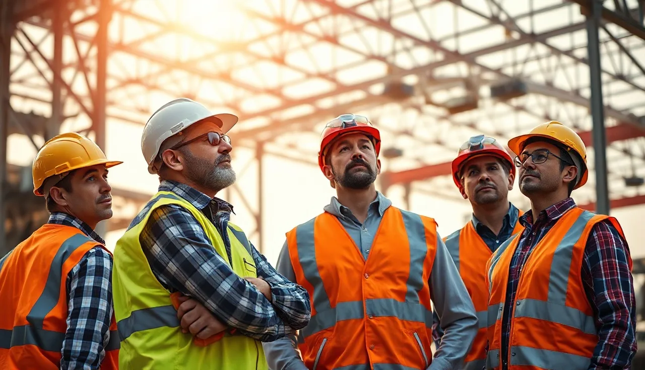 Workers in hard hats and safety vests looking upward at overhead steel framework on a job site