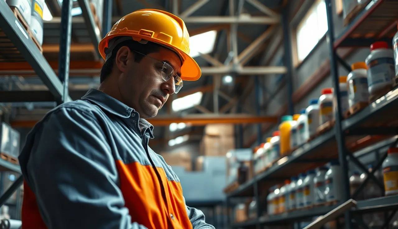 Worker in hard hat reviewing industrial chemical containers on warehouse shelves