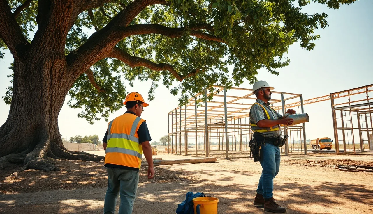 Two construction workers resting in shade drinking water on a hot job site