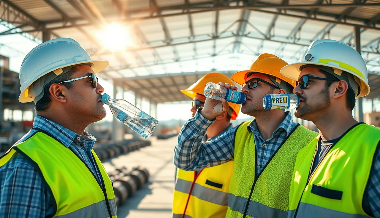 Construction workers drinking water in shade during heat stress break on job site