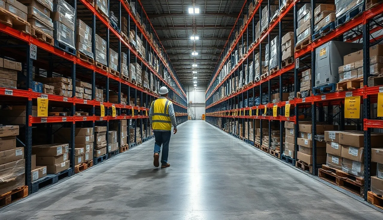 Clean warehouse aisle with worker in hard hat doing housekeeping walkthrough