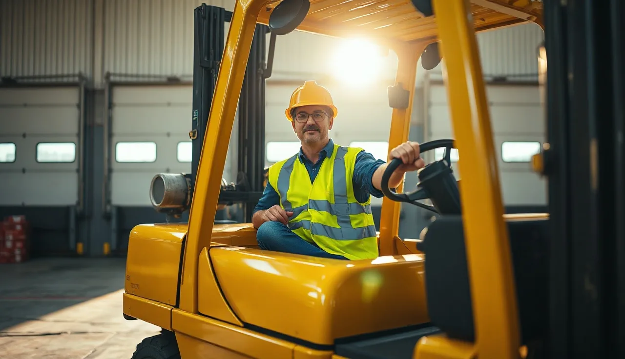 Forklift operator in safety vest seated in warehouse forklift during certification training