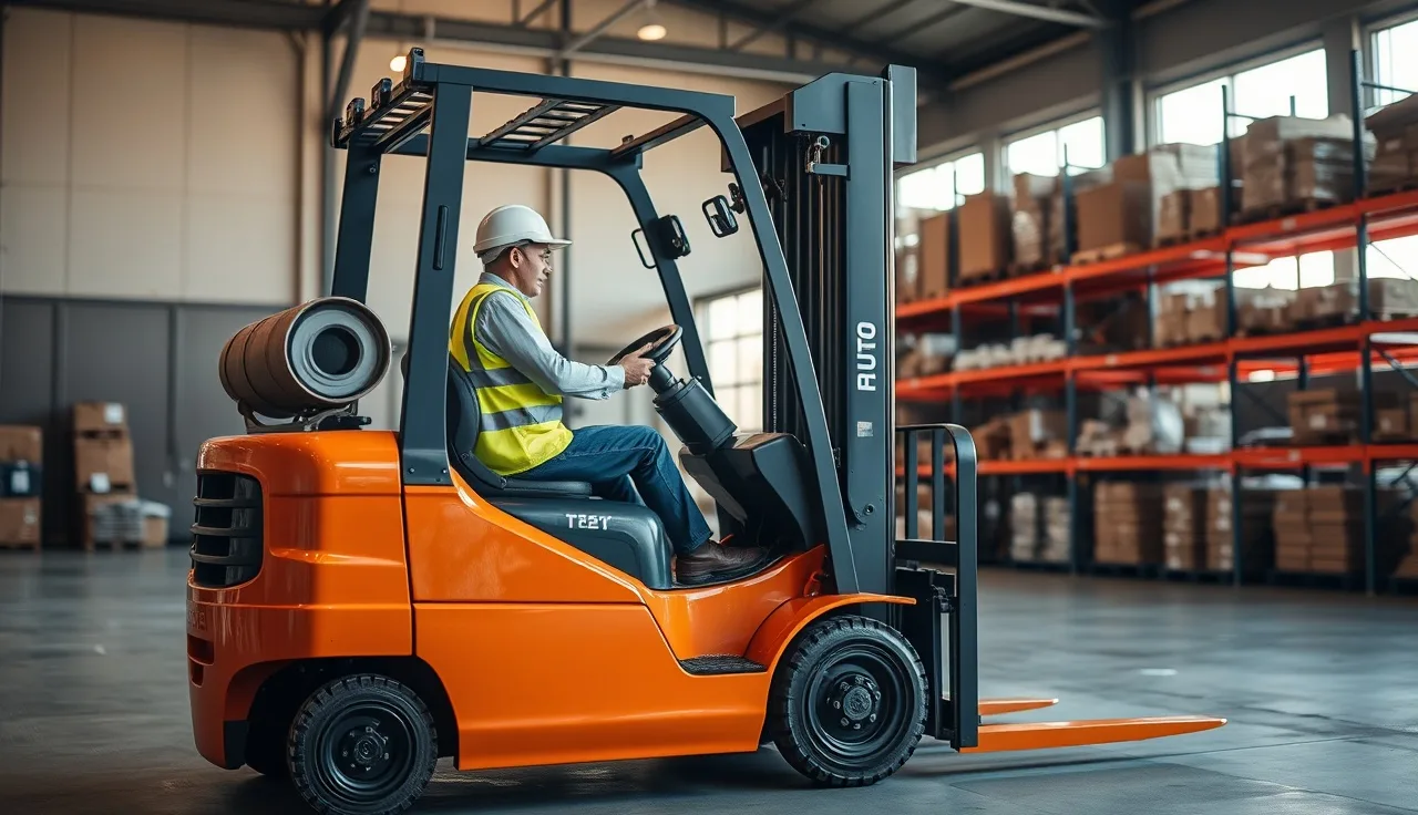 Warehouse worker inspecting a forklift before operating it in a large industrial warehouse