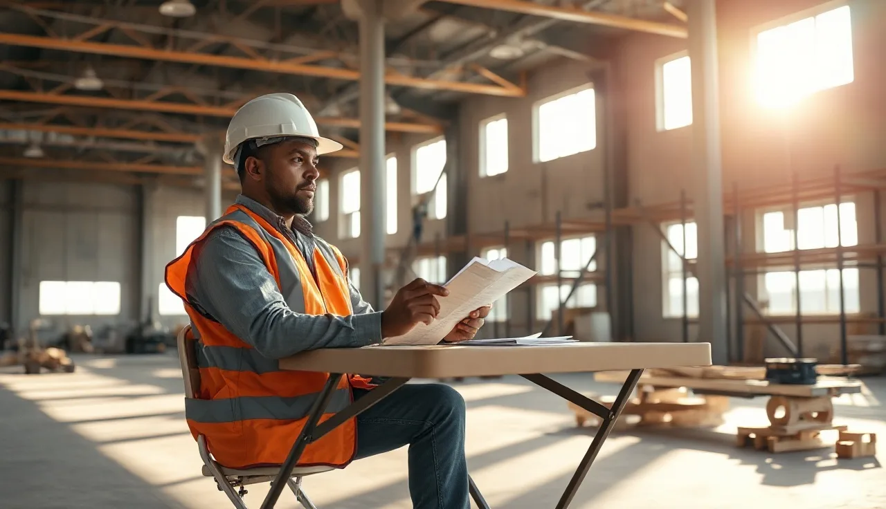Construction foreman reviewing safety training materials at a worksite table