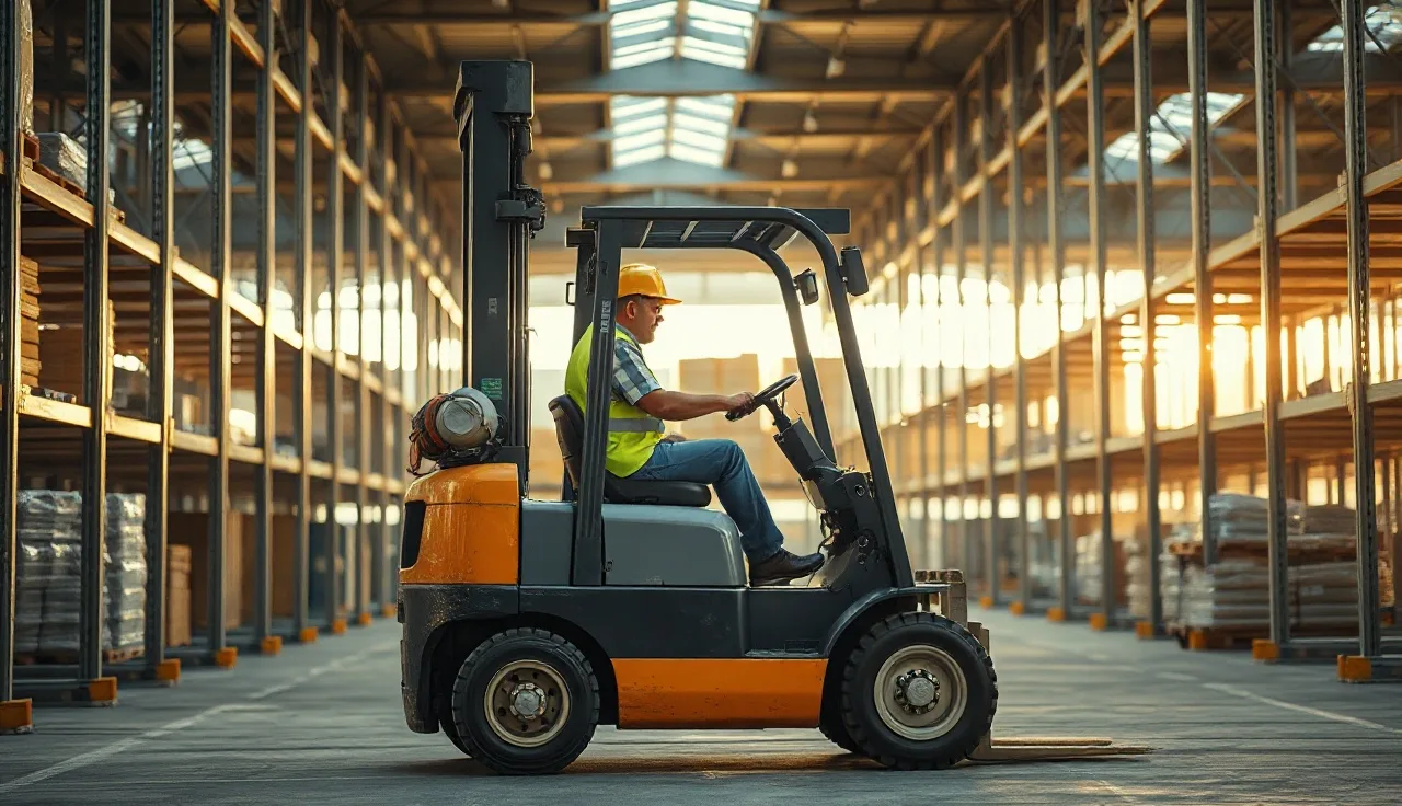 Forklift operator in safety vest seated in forklift inside a warehouse aisle