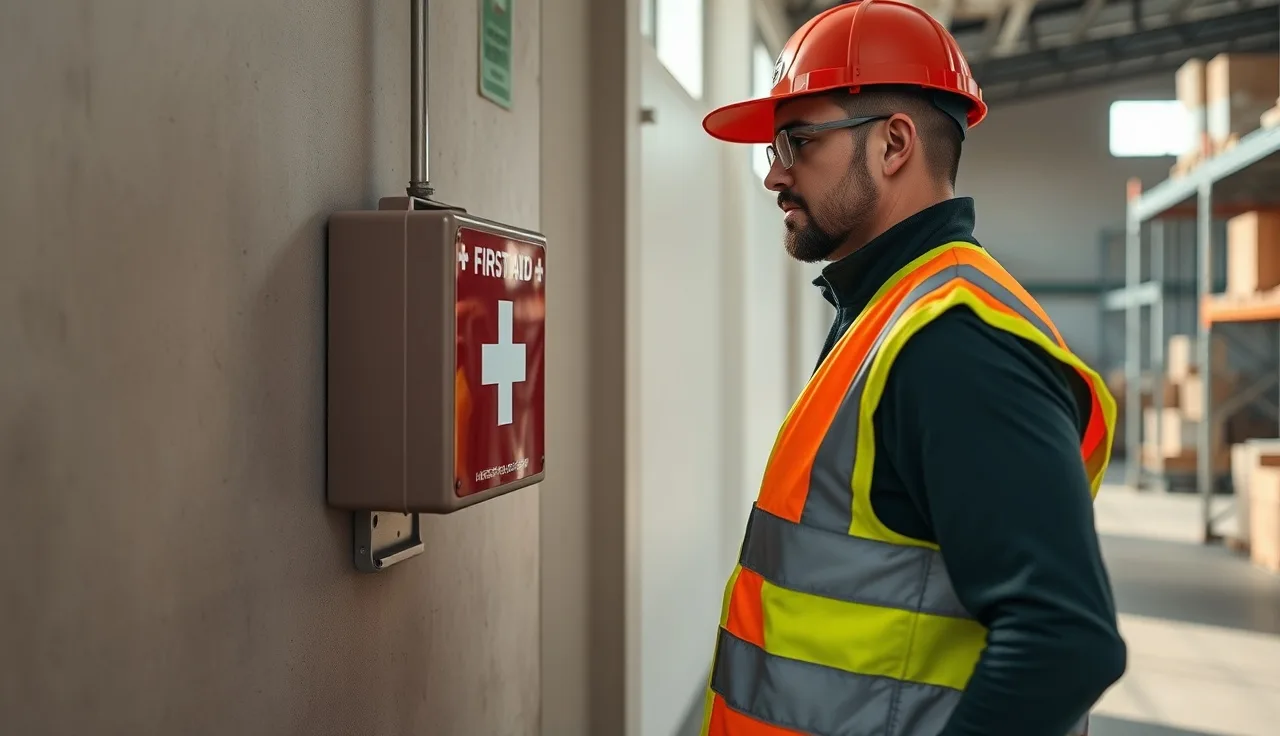 Worker opening a wall-mounted first aid kit on a warehouse floor