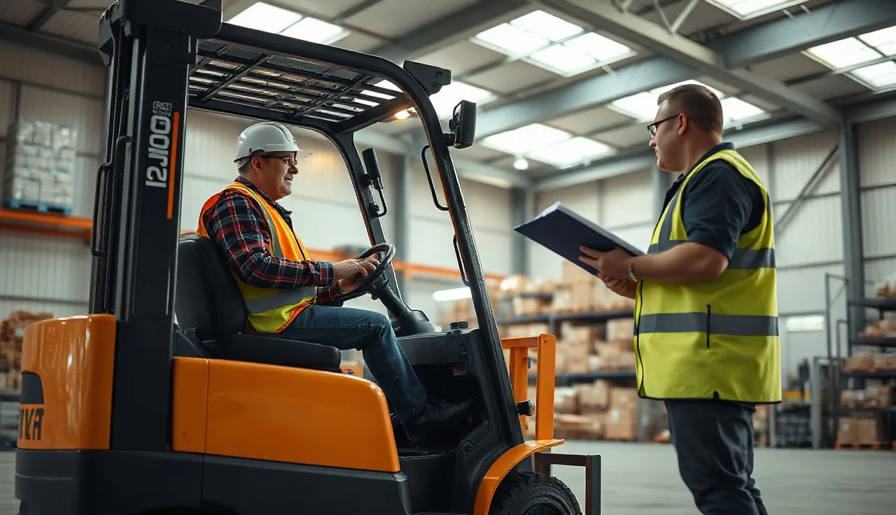 Forklift operator being evaluated by supervisor in a warehouse aisle