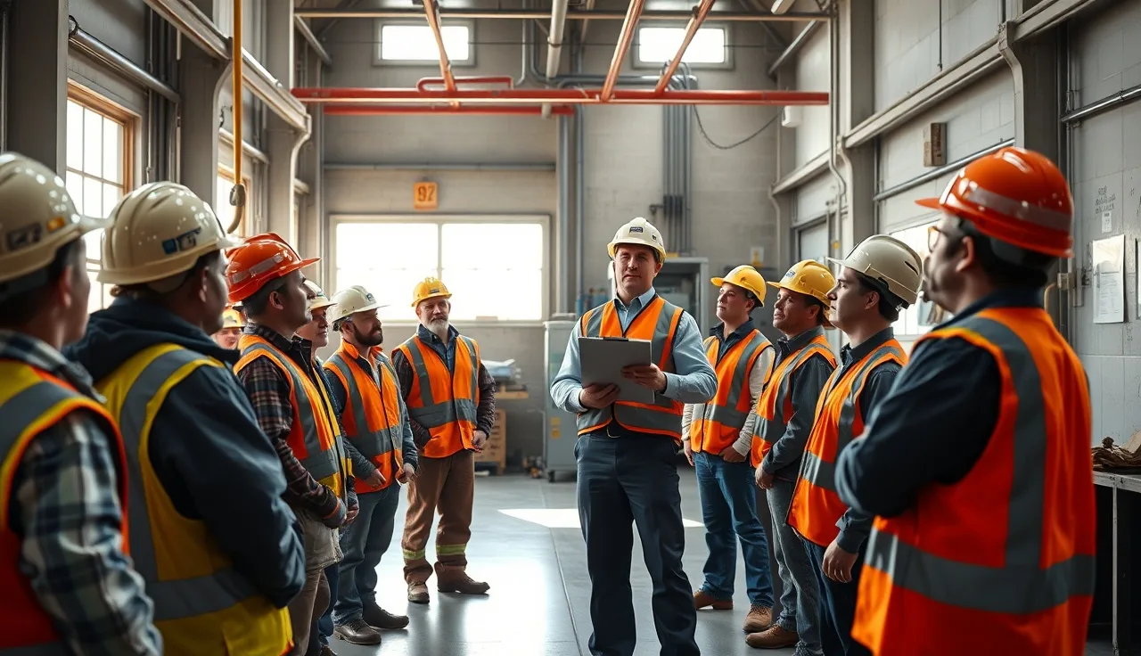 Foreman leading a morning safety meeting with workers in hard hats in a factory break room
