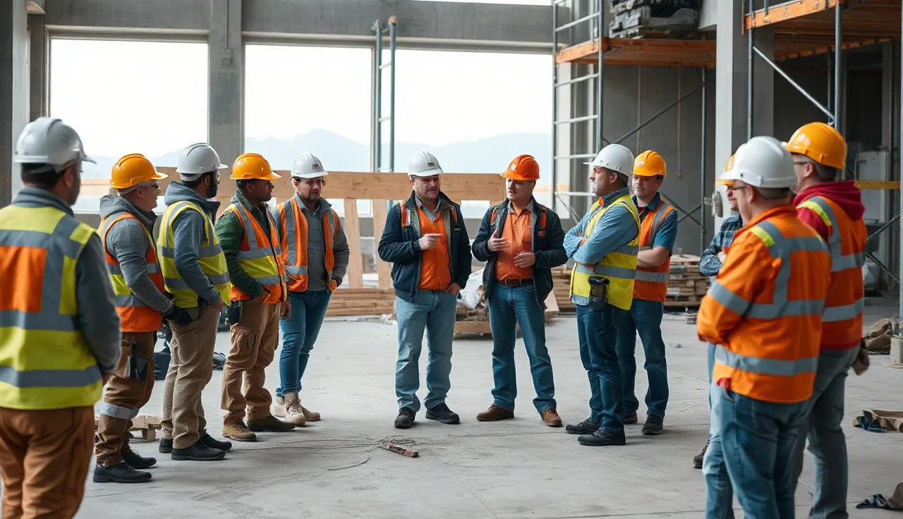 Construction crew gathered in circle for a morning toolbox talk on job site