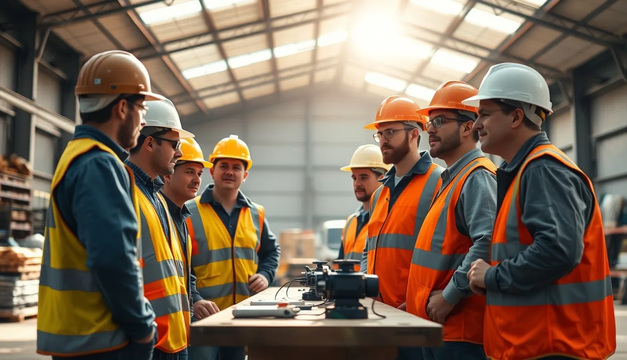 Multilingual group of workers receiving hands-on safety training in a warehouse