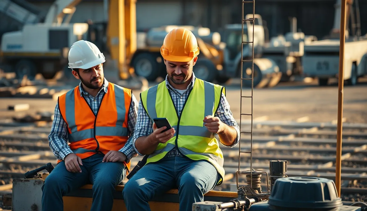 Three construction workers reviewing OSHA 10 online training on smartphones at a job site
