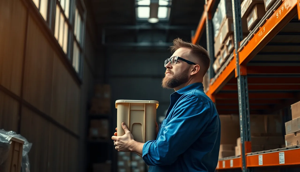 Worker in safety glasses reviewing chemical containers on warehouse shelving