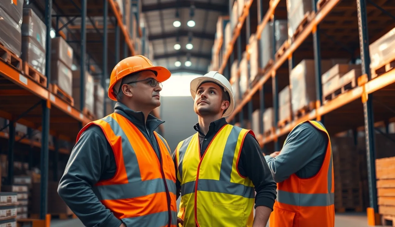 Supervisor showing new worker safety procedures at a warehouse pallet rack