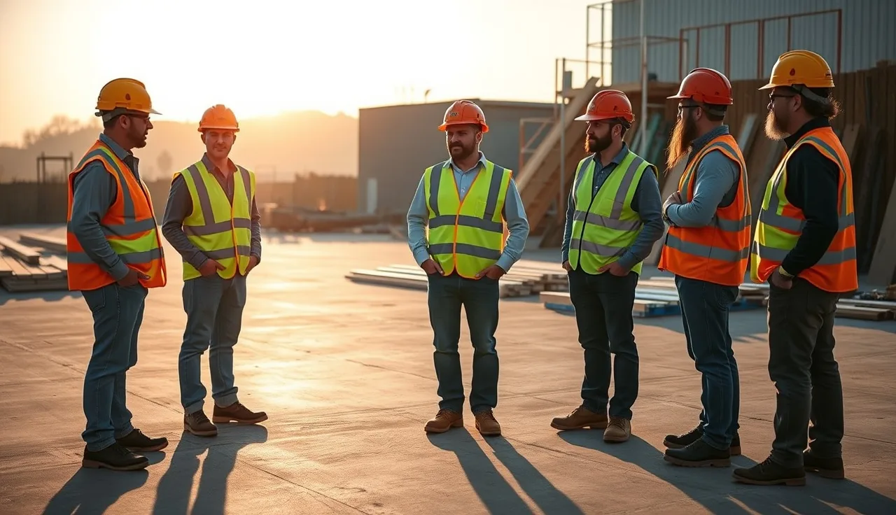 Small construction crew standing in a circle on a job site for a morning toolbox talk
