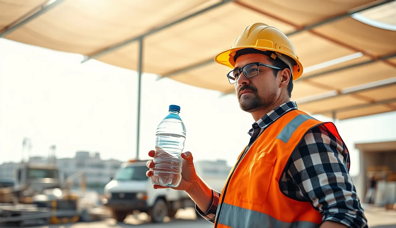 Construction worker in hard hat drinking water on a hot outdoor job site