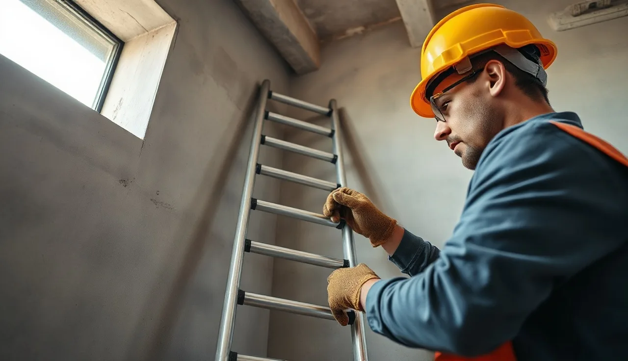 Worker inspecting extension ladder rungs on a construction site interior