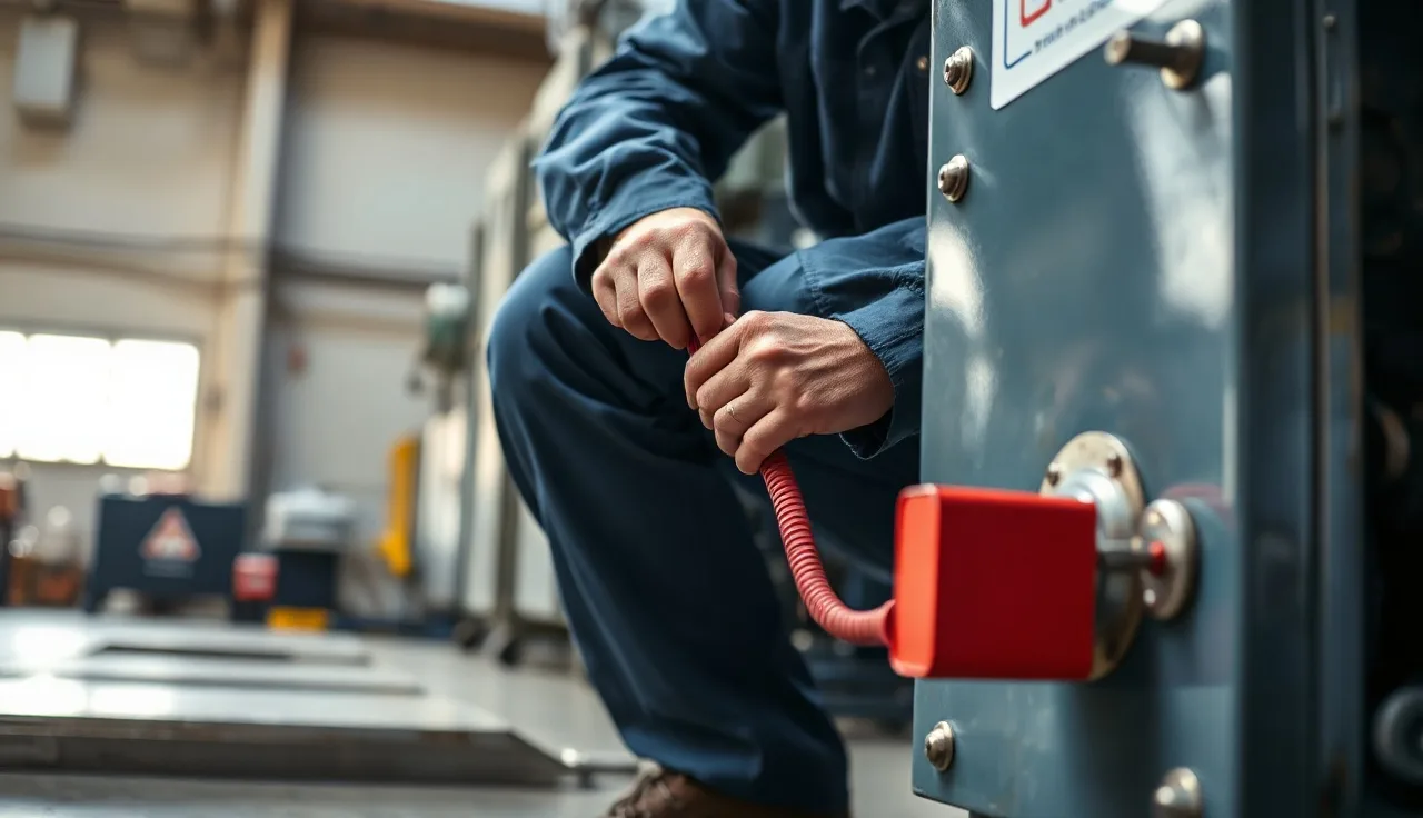 Maintenance worker applying a red lockout lock to a machine disconnect hasp