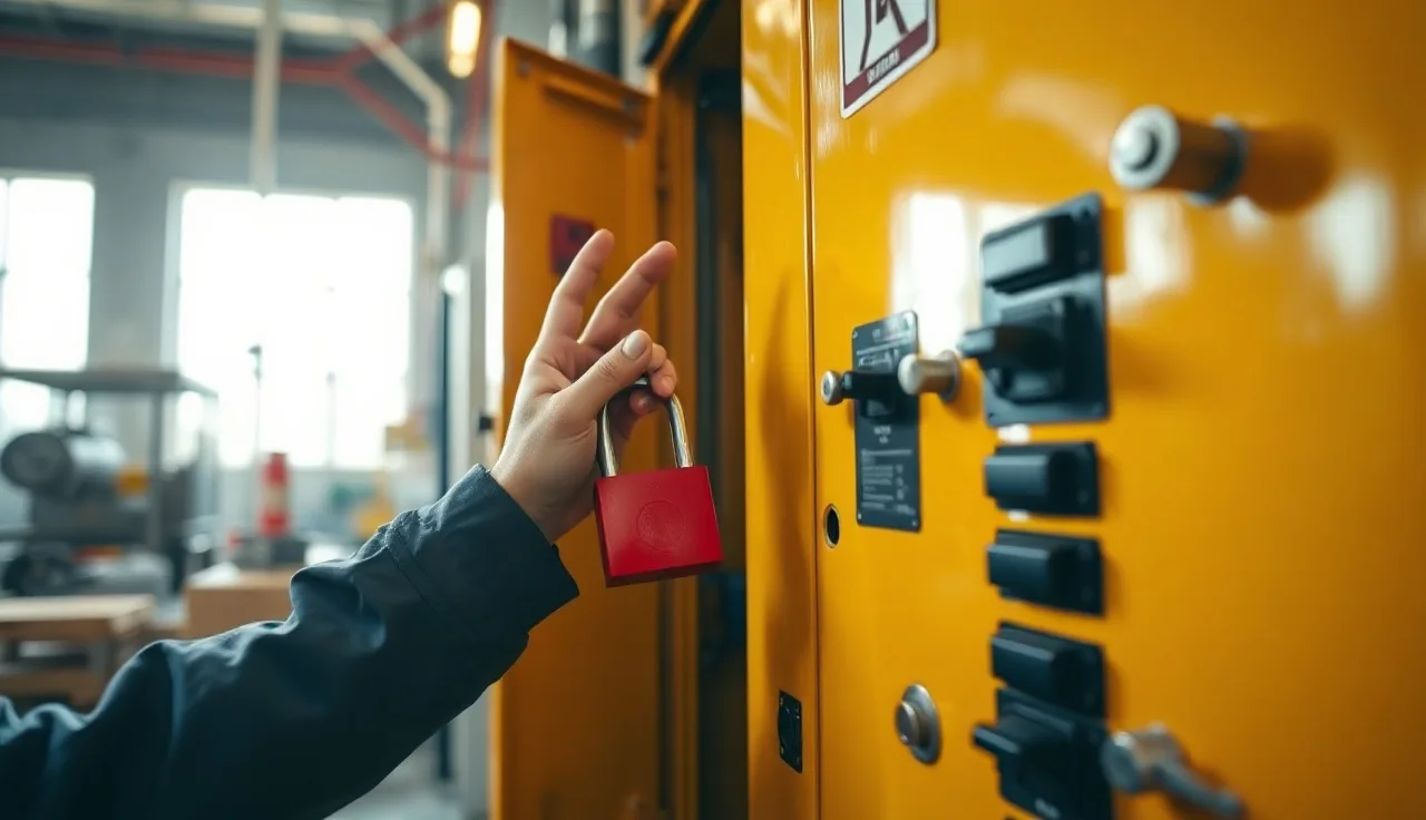 Technician applying a lockout padlock to a yellow electrical disconnect panel in a factory