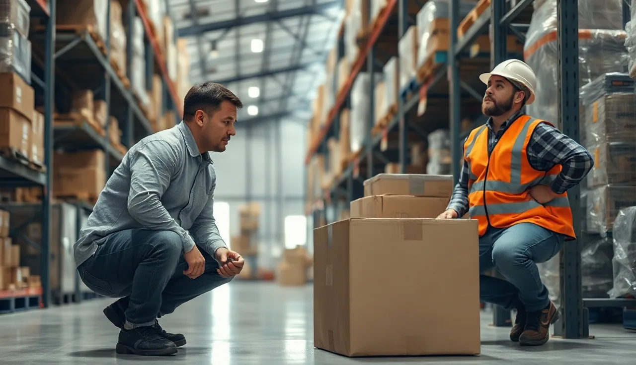 Worker demonstrating safe manual lifting technique in a warehouse aisle