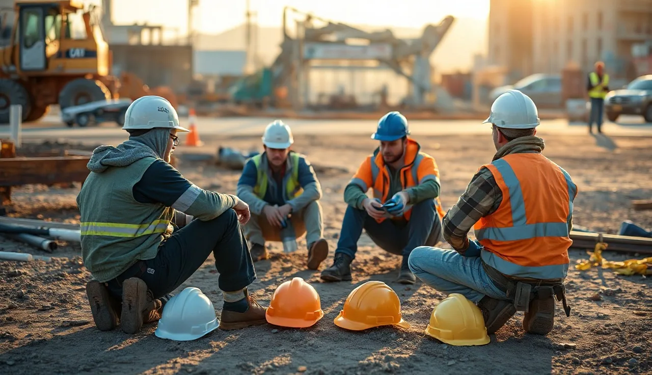 Construction crew gathered in a circle for a morning toolbox talk on mental health