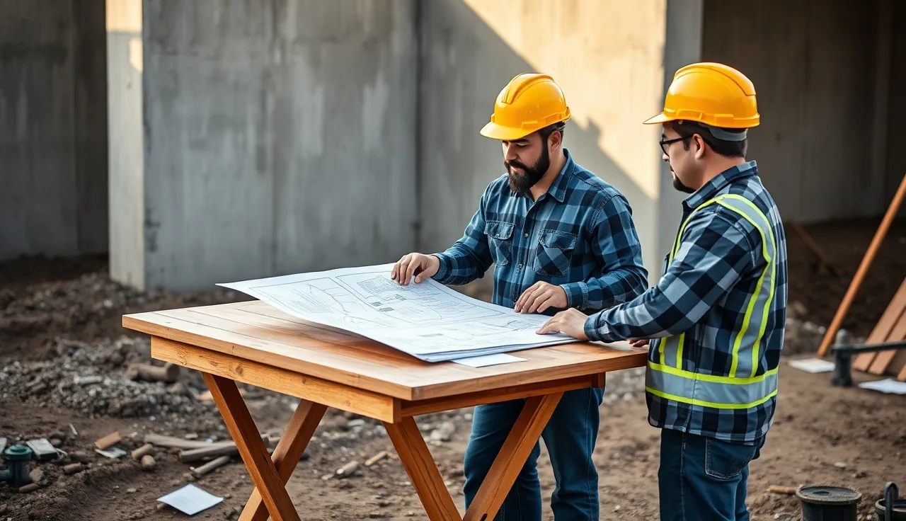Foreman and multilingual workers reviewing safety diagrams at a construction site