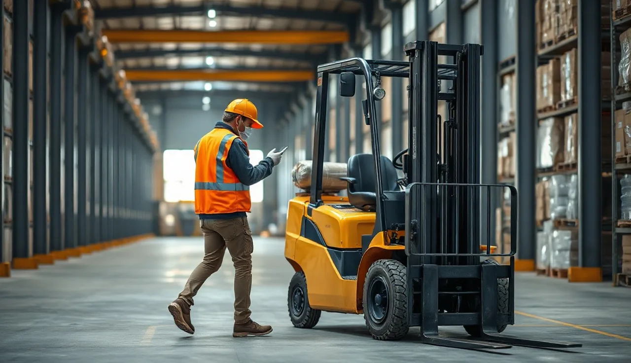 Warehouse worker inspecting a yellow forklift in a concrete aisle before operation