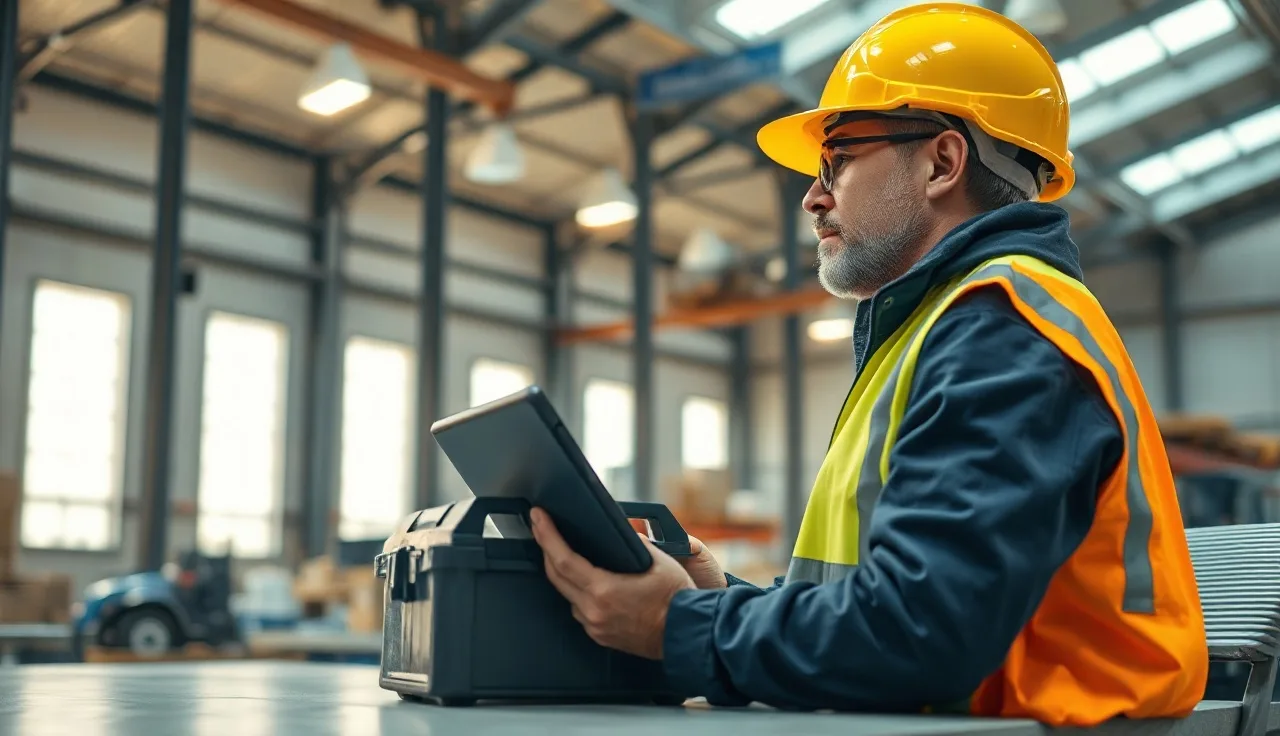 Worker in hard hat reviewing safety training on a tablet in a warehouse