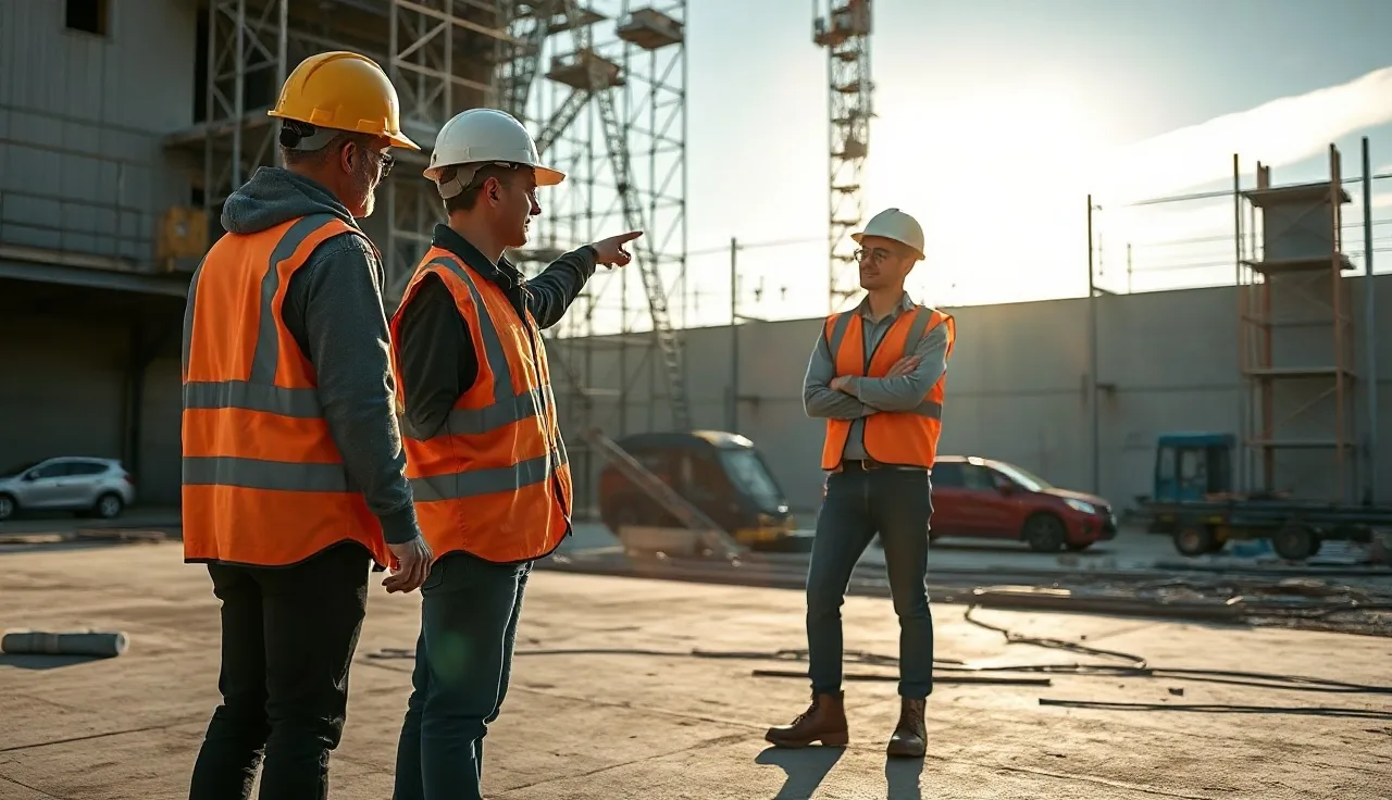 Two construction workers in hard hats reviewing safety hazards on a job site