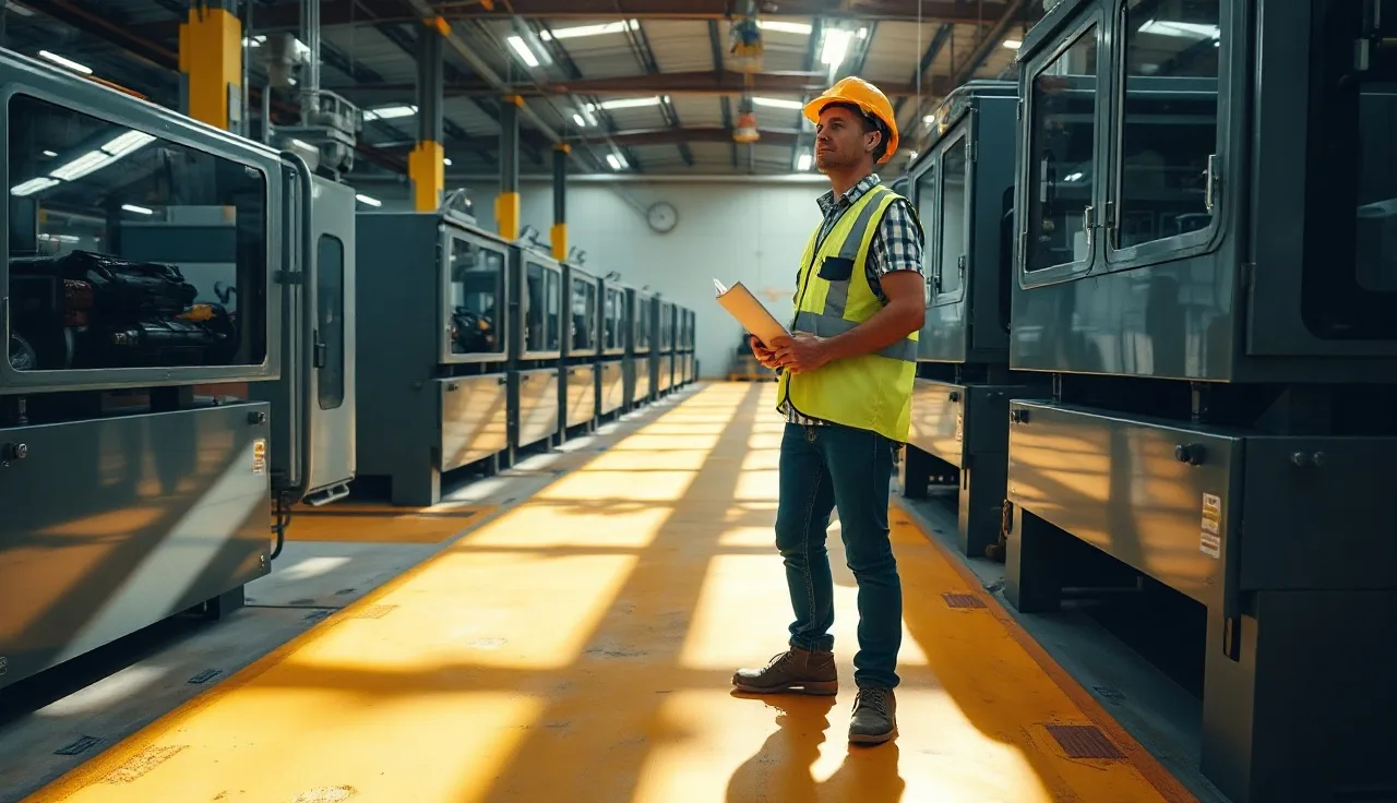 Worker standing near idle locked-out industrial machinery on a manufacturing floor
