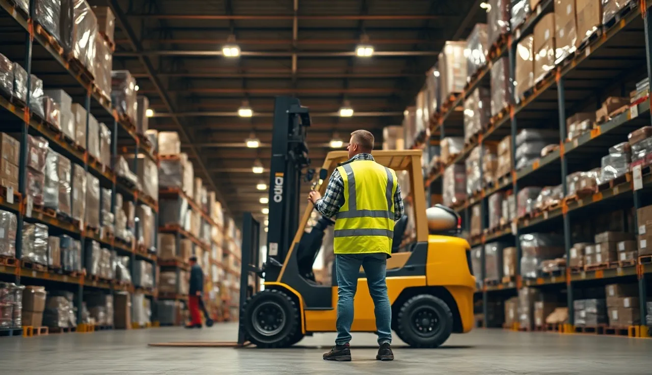 Warehouse worker beside a yellow forklift in a distribution center aisle