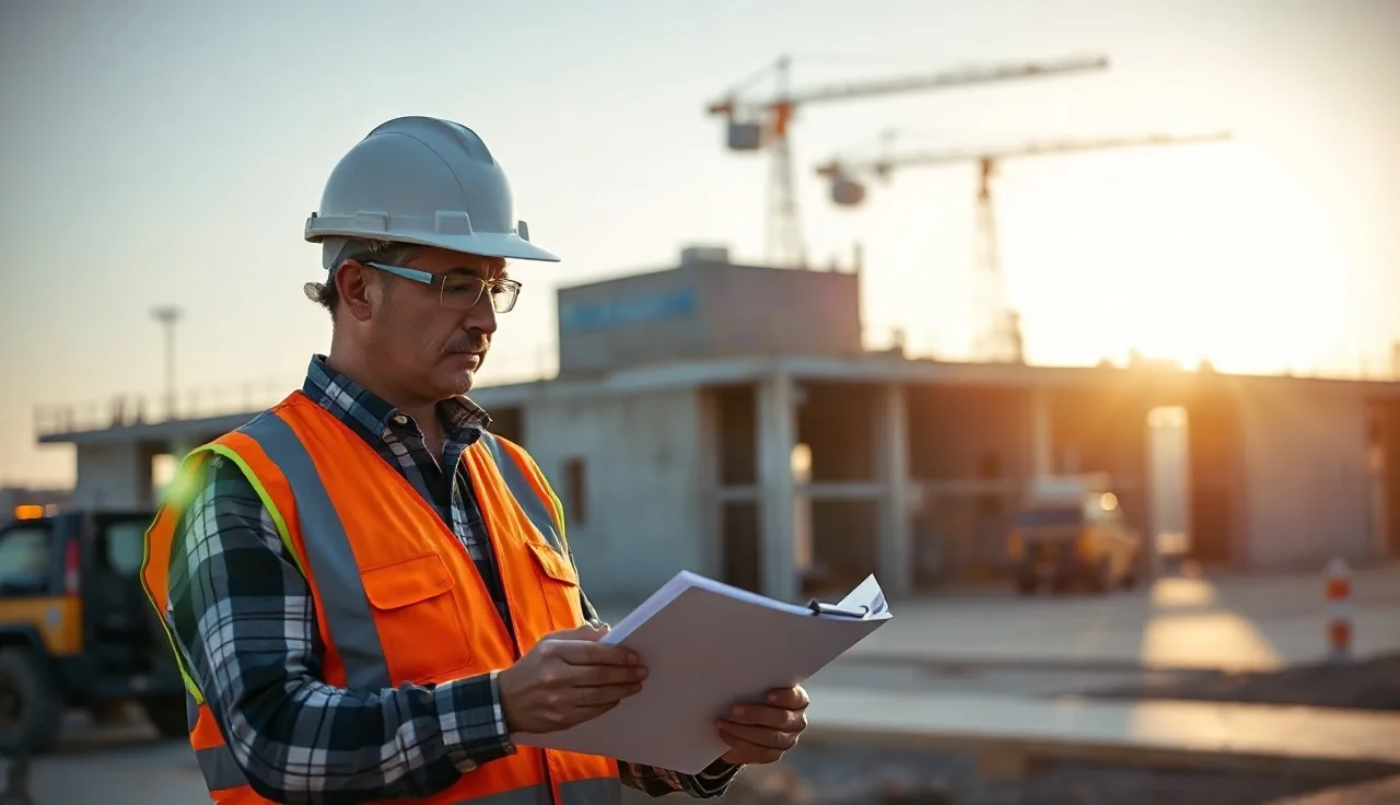 Construction worker reviewing safety training materials on a job site at golden hour