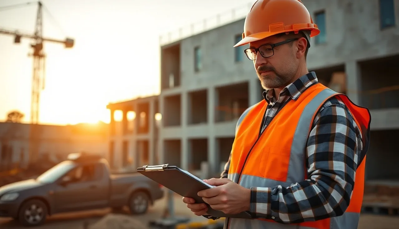 Construction foreman in hard hat reviewing paperwork on active job site