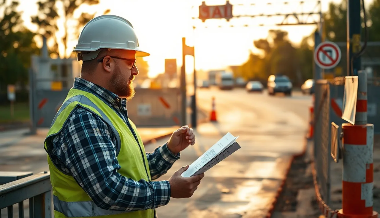 Construction supervisor examining OSHA 30 card at job site entrance in morning light