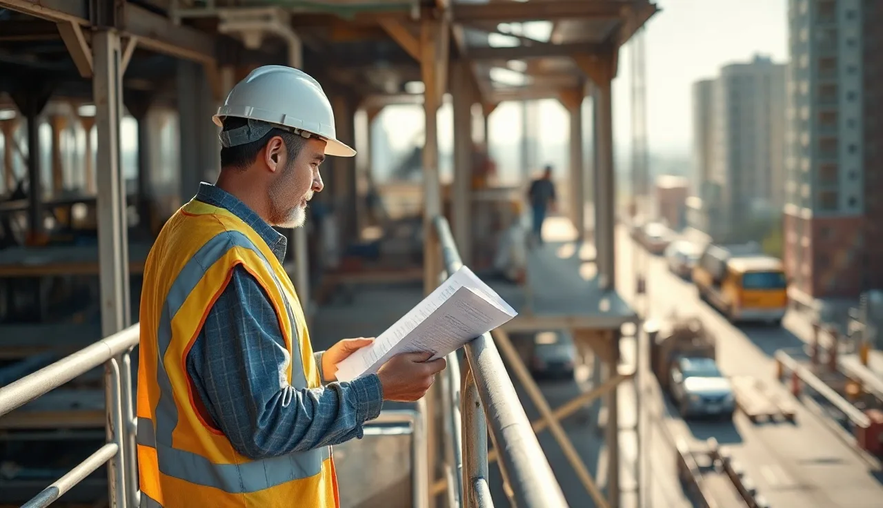 Foreman on scaffold reviewing safety training documents at a construction site