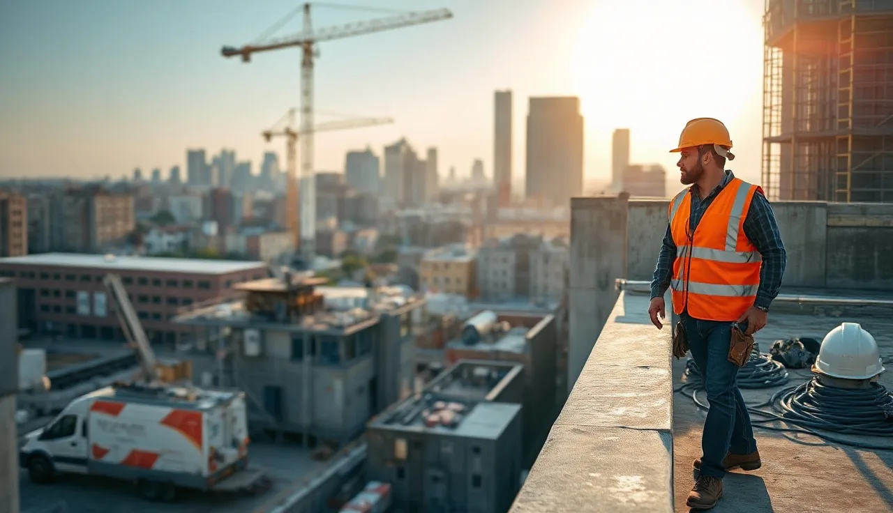 Construction worker in hard hat near unfinished building edge during OSHA safety training