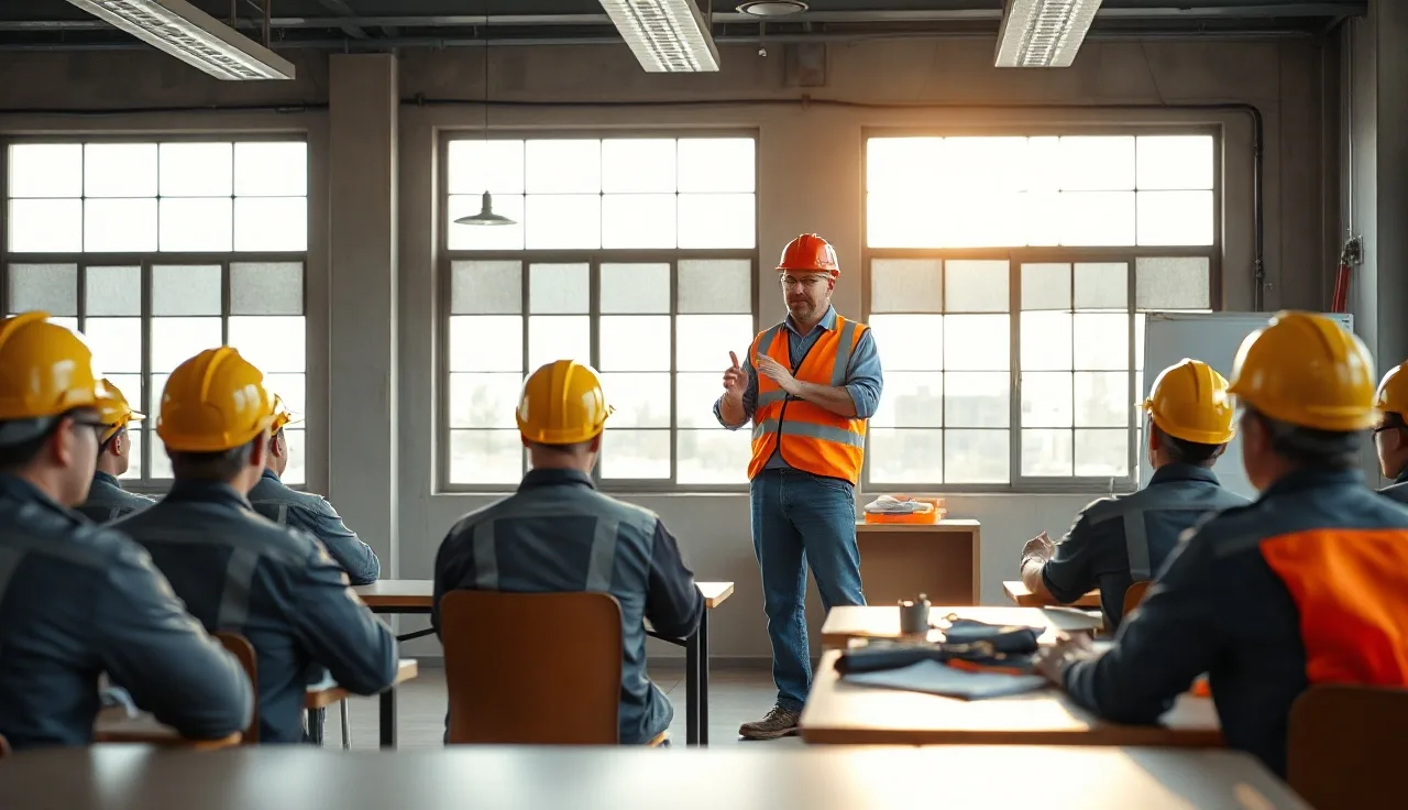 Safety instructor teaching a group of construction workers in a training classroom
