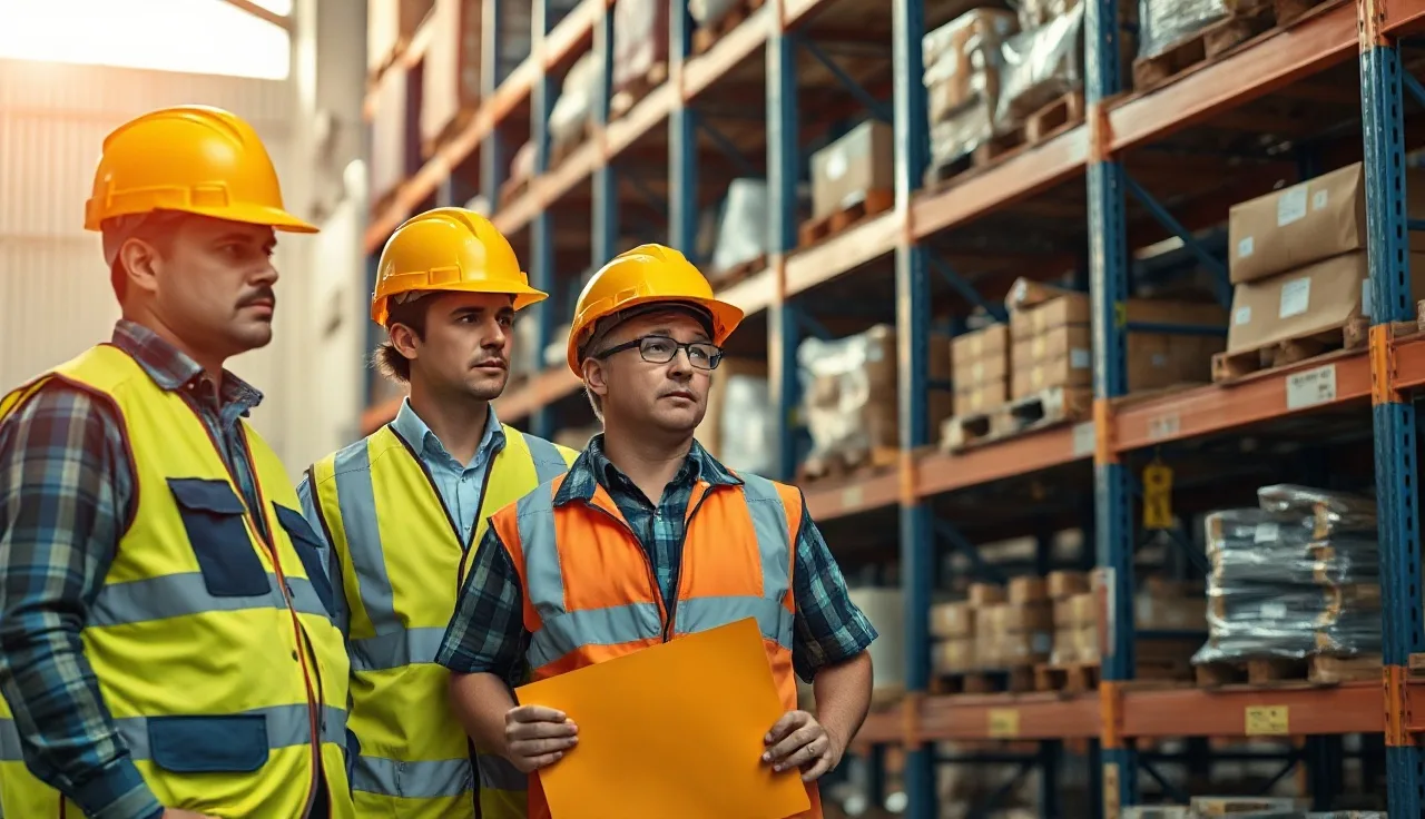 Warehouse supervisor and workers in safety gear reviewing annual training requirements together