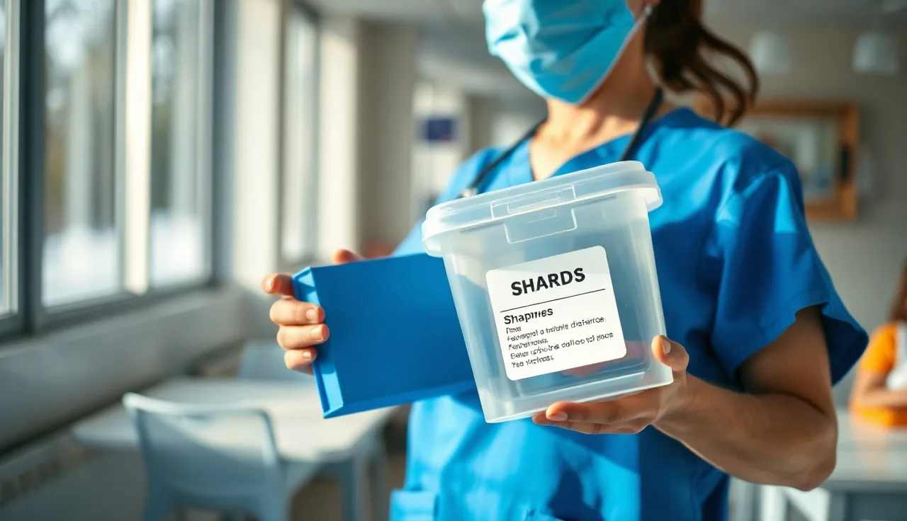 Occupational health nurse holding a sharps container in a clinical break room