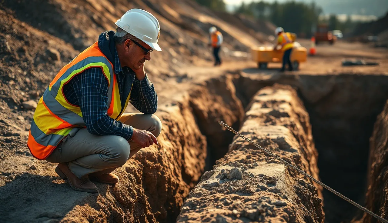 Construction foreman inspecting trench soil as competent person on active job site