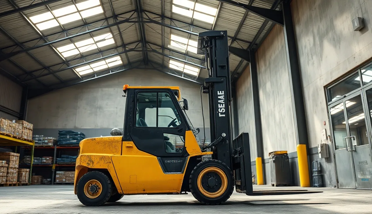Yellow forklift with raised forks parked at an empty warehouse loading dock