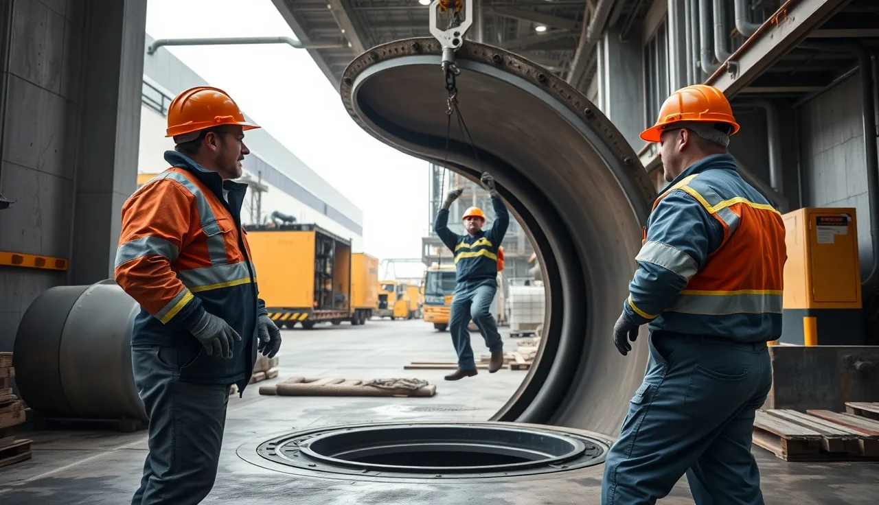 Workers preparing for confined space entry at industrial facility manhole