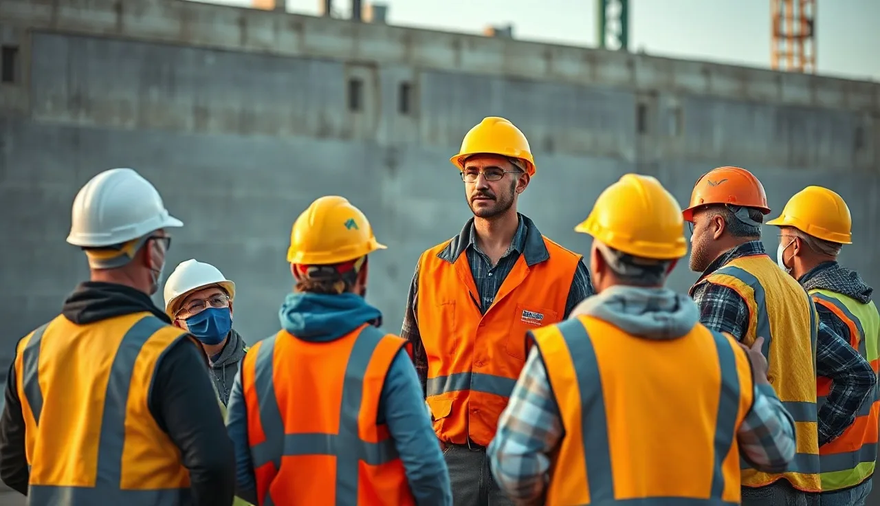 Construction crew receiving safety training on an active building site at dawn