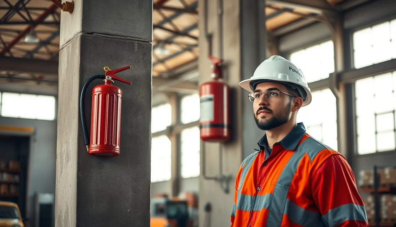 Worker in hard hat standing next to a red fire extinguisher in a warehouse