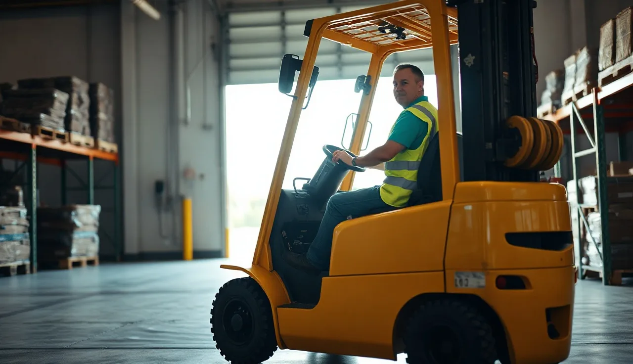Warehouse worker operating a yellow forklift during a training evaluation in an industrial facility